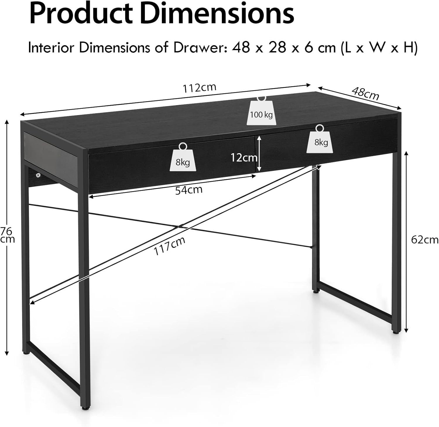 Modern Black Computer Desk w/Drawers | Metal Frame Laptop Workstation