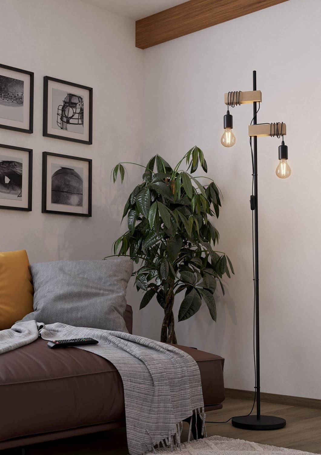 2 Light Vintage Floor Lamp Wood & Metal Standing Lamp E27 Retro Style