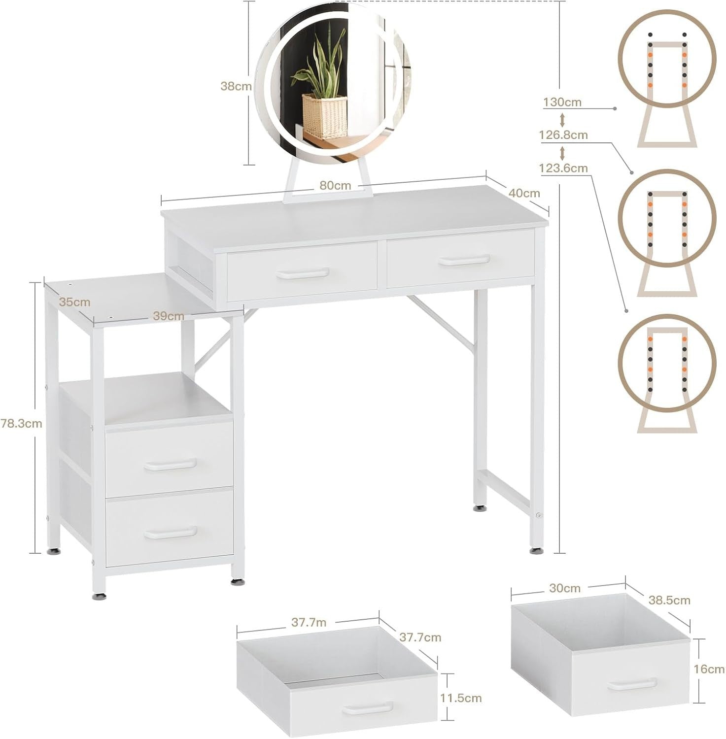 Vanity Makeup Dressing Table Set with LED Mirror Stool Storage White Modern