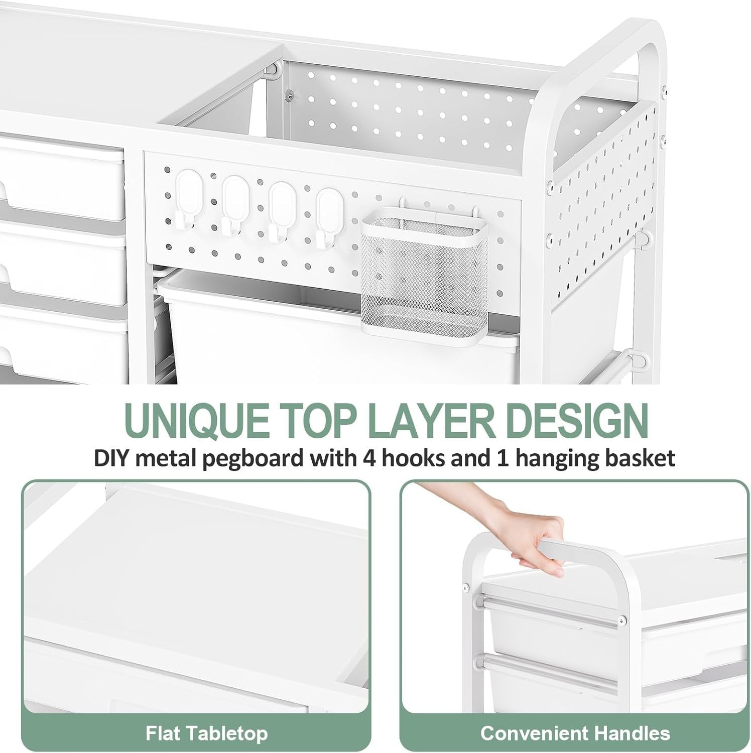14 Drawer Craft Storage Trolley Cart with Pegboard & Wheels White