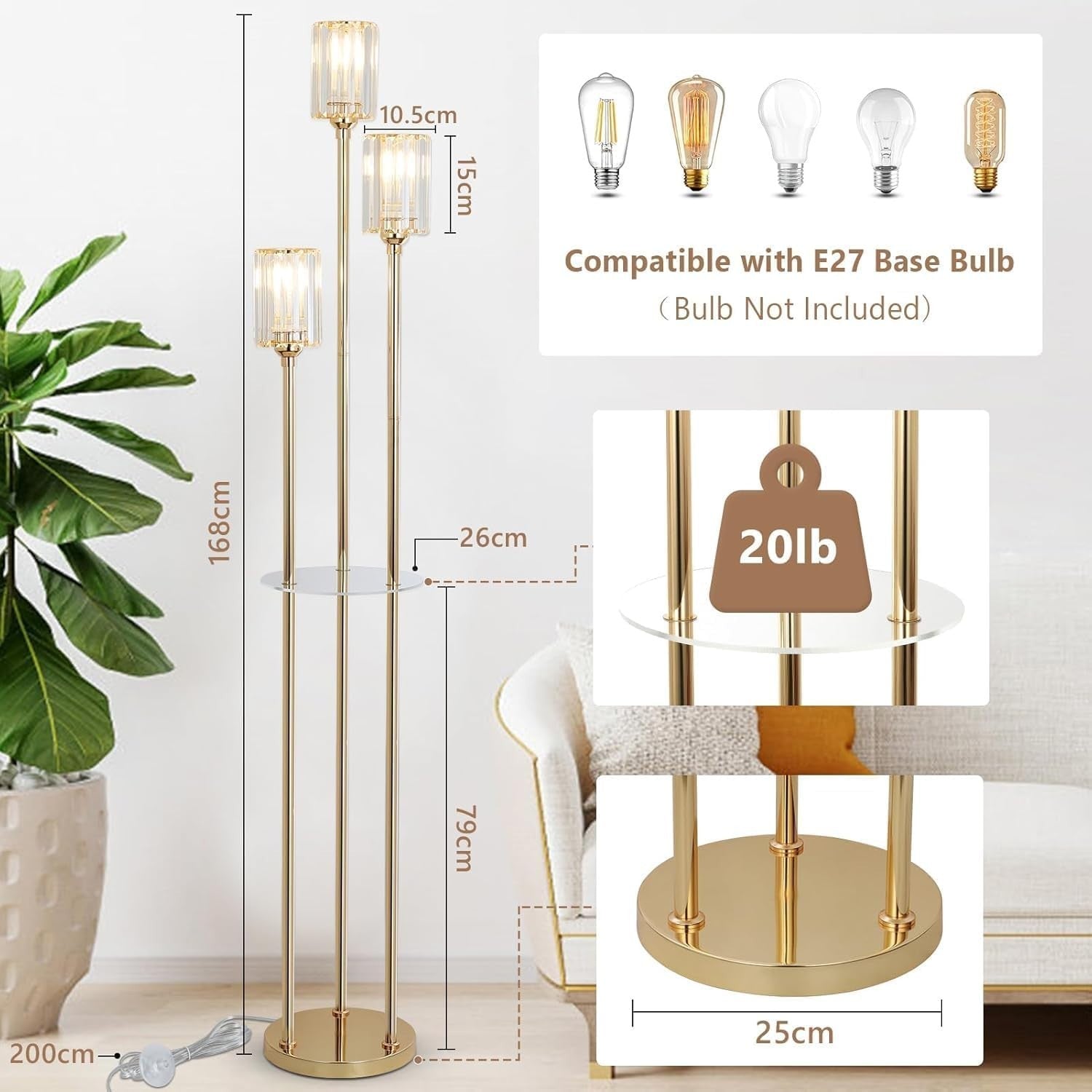 Modern 3-Light Floor Lamp with Glass Shades & Shelves – Living Room, Office