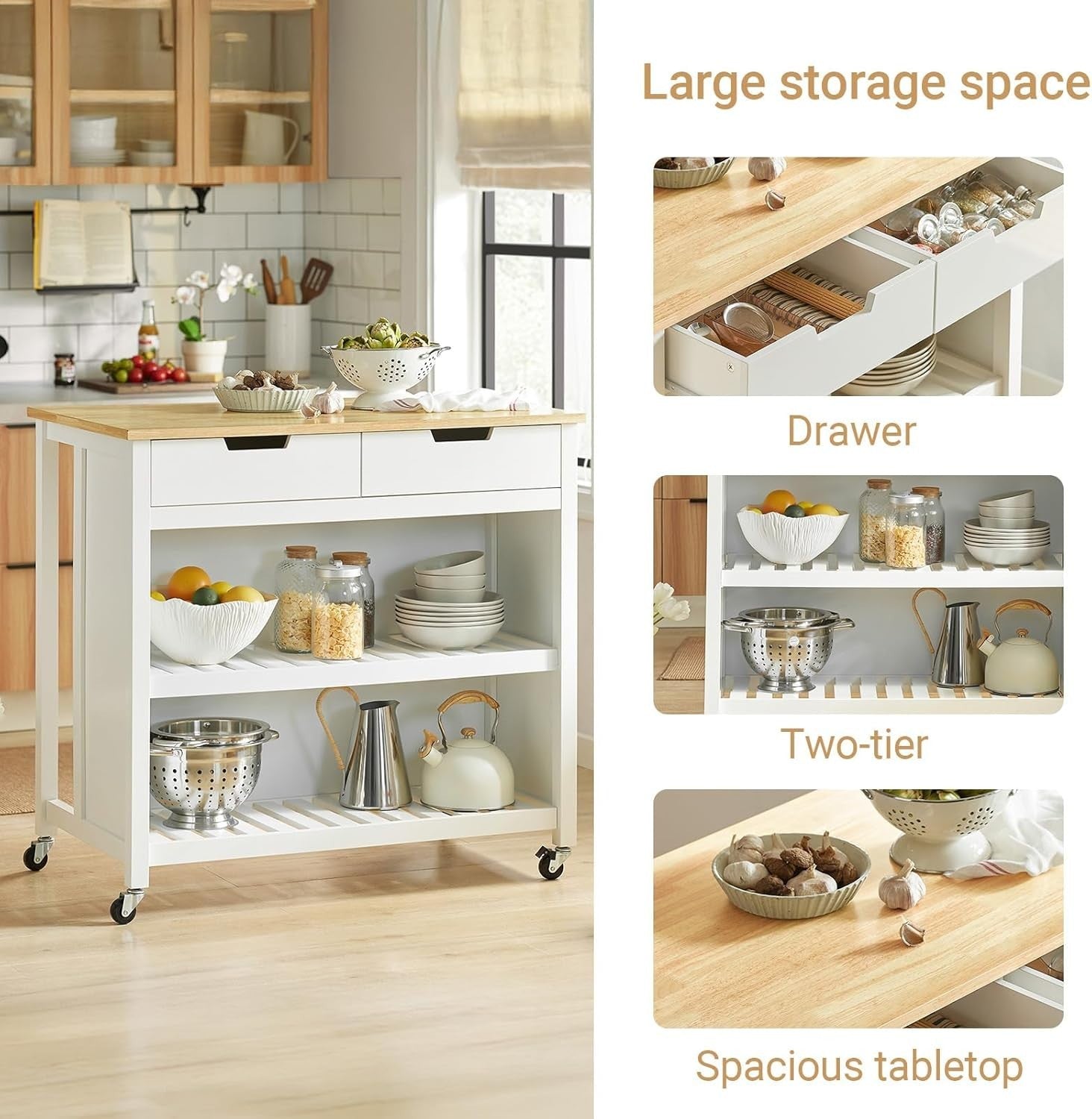 Rolling Kitchen Island Cart Butchers Block w Drawers Shelves