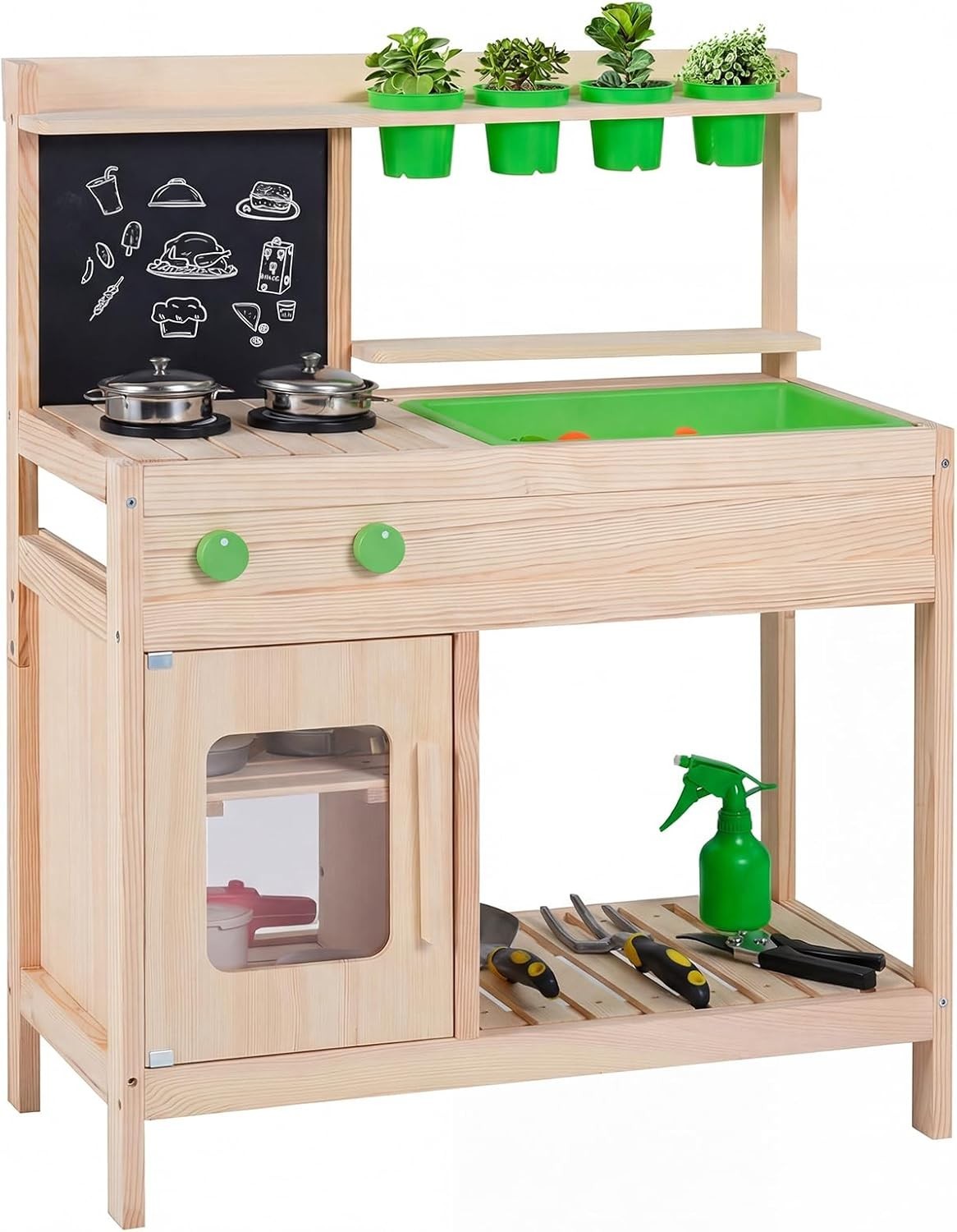 Outdoor Wooden Mud Kitchen Kids Playset Chalkboard Sink Flowerpots