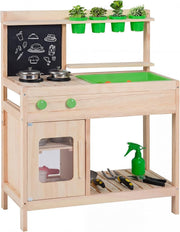 Outdoor Wooden Mud Kitchen Kids Playset Chalkboard Sink Flowerpots
