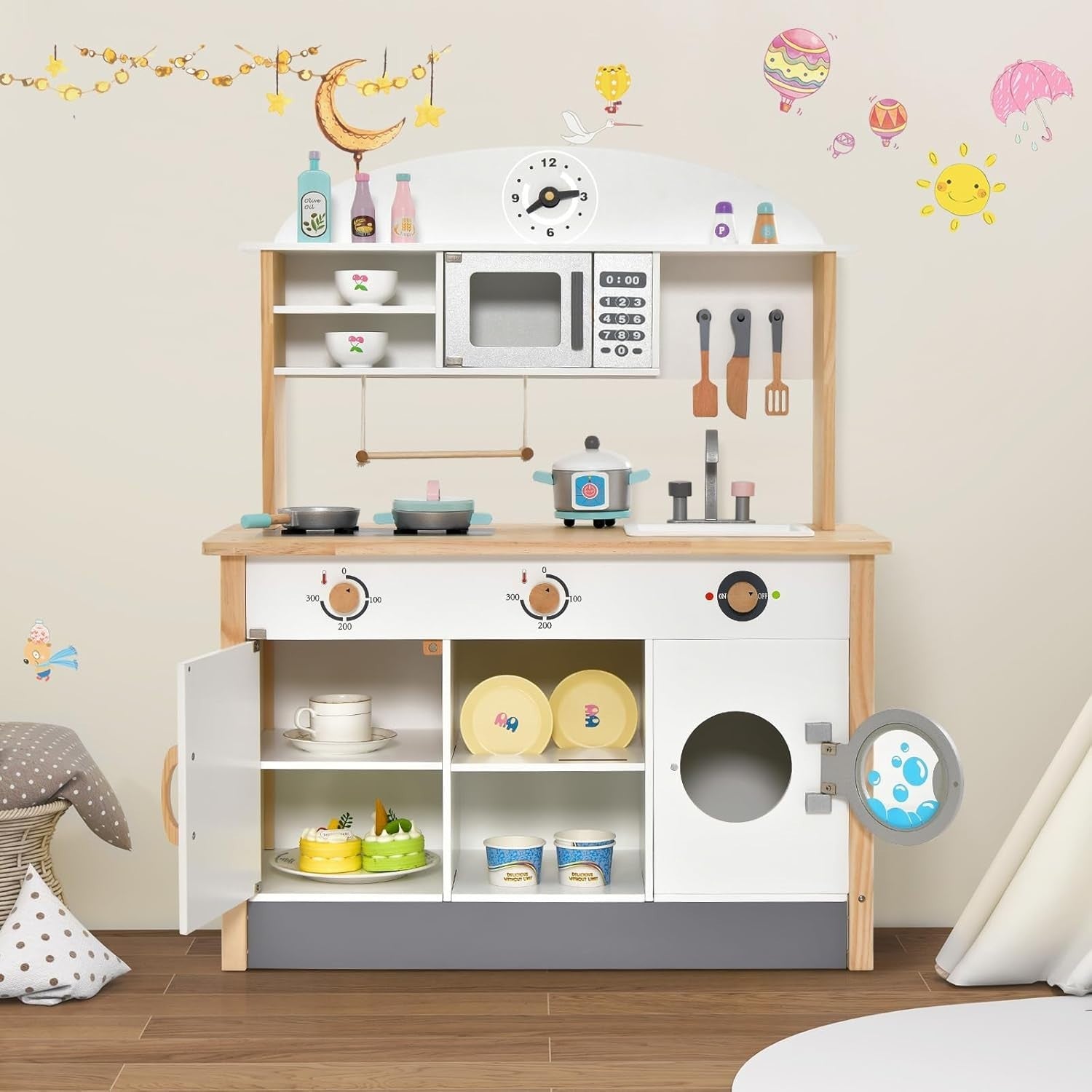 Wooden Kids Play Kitchen Microwave Washer Cooking Toy Set
