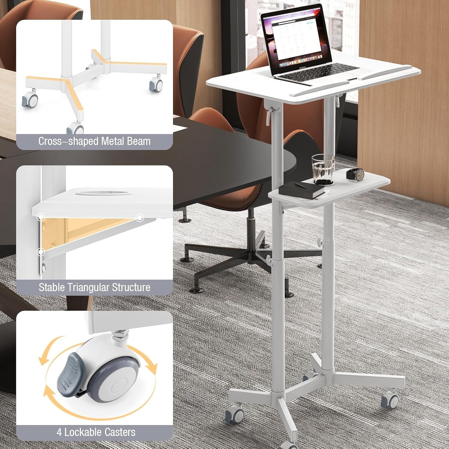 Mobile Lectern Height Adjustable Standing Podium Desk with Wheels Storage Shelf