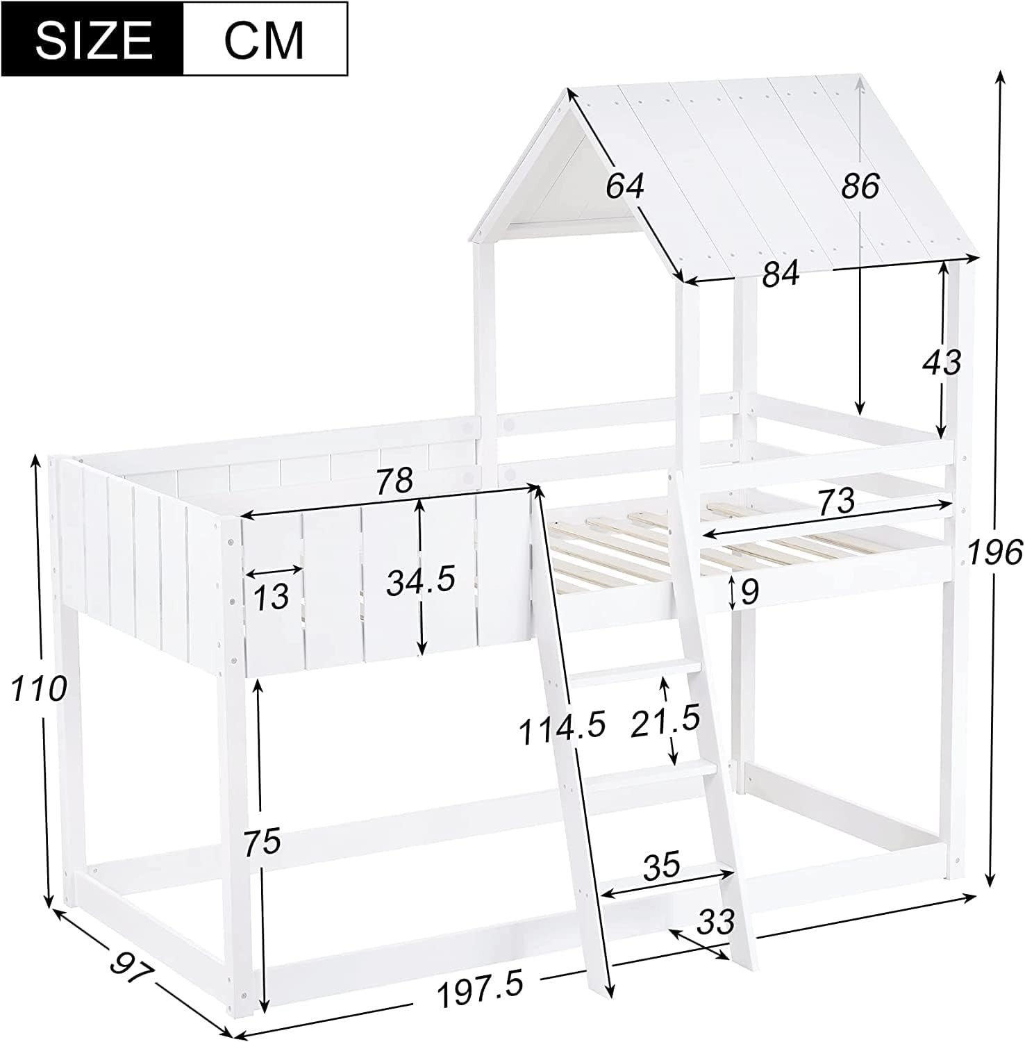 Solid Pine Wood Cabin Bunk Bed with Ladder & Guard Rail, Twin 90x190cm