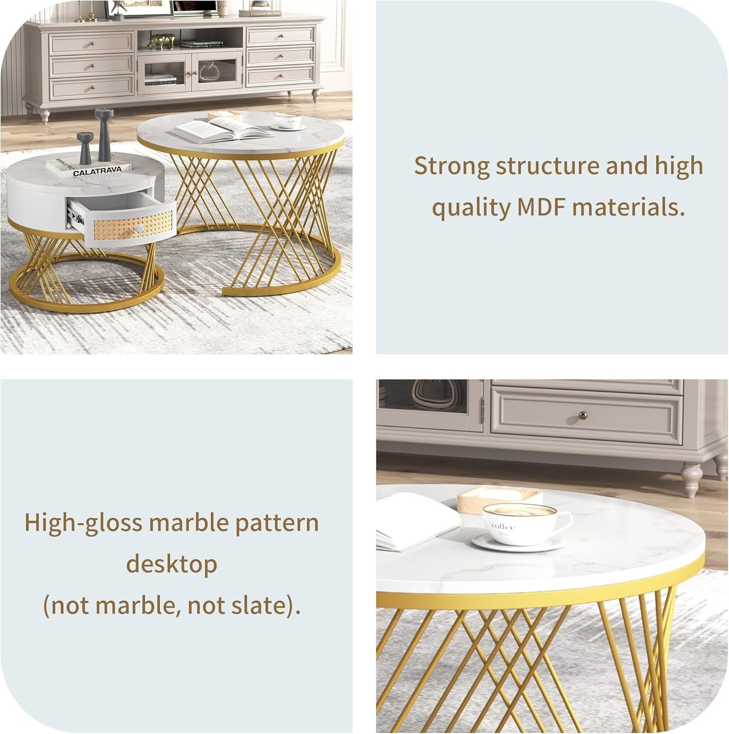 ModernLuxe 2-in-1 Round Coffee Table Set with Marble Top, Rattan Drawer