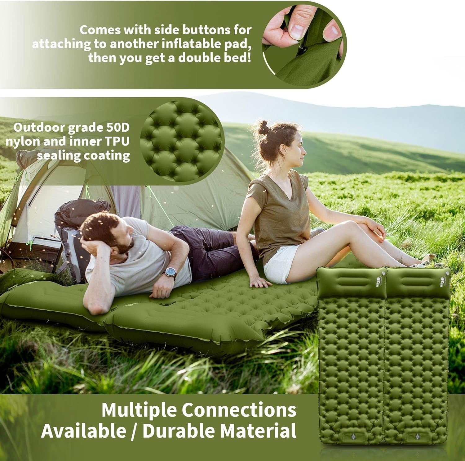 Single Inflatable Camping Mat 195x65x10cm Ultralight with Pillow