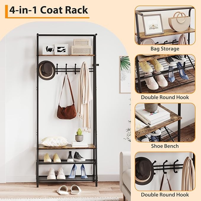 Brown 4-in-1 Coat Rack with Shoe Storage & 5 Hooks Freestanding Hall Tree