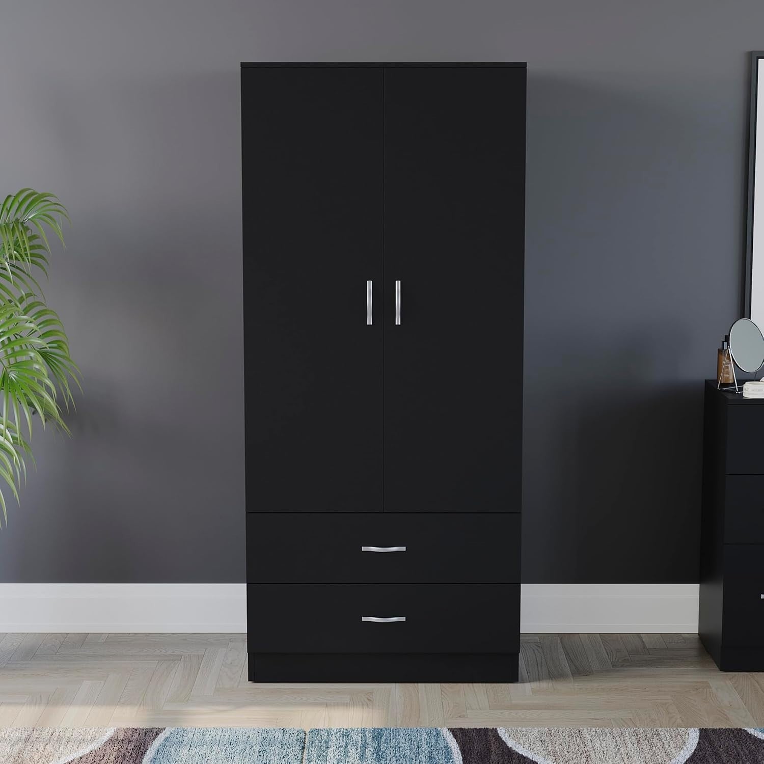 Black 2 Door Wardrobe With Drawers & Rail, Modern Storage Bedroom Unit