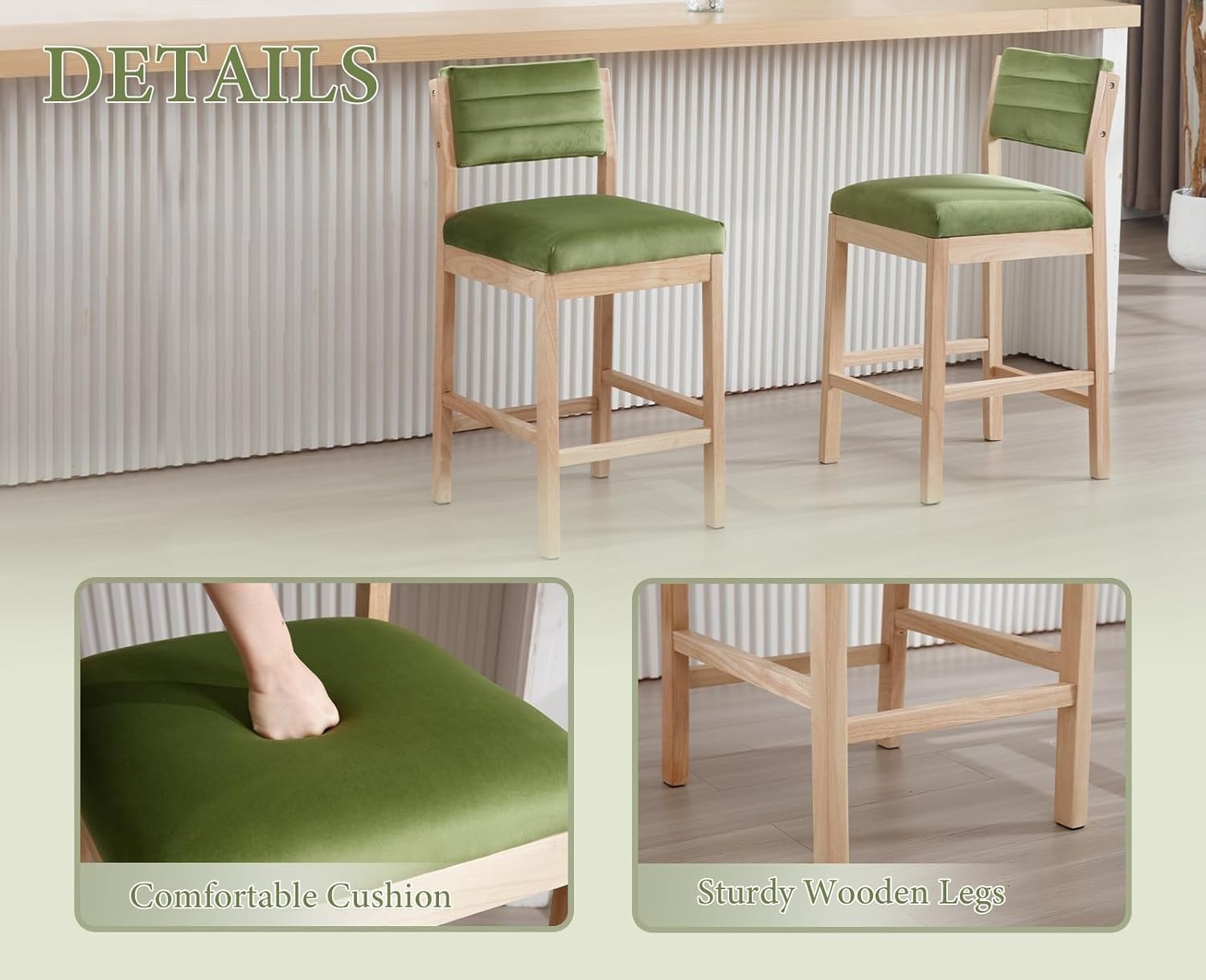 Retro Green Velvet Bar Stools Set of 2 – Wooden Leg Counter Chairs