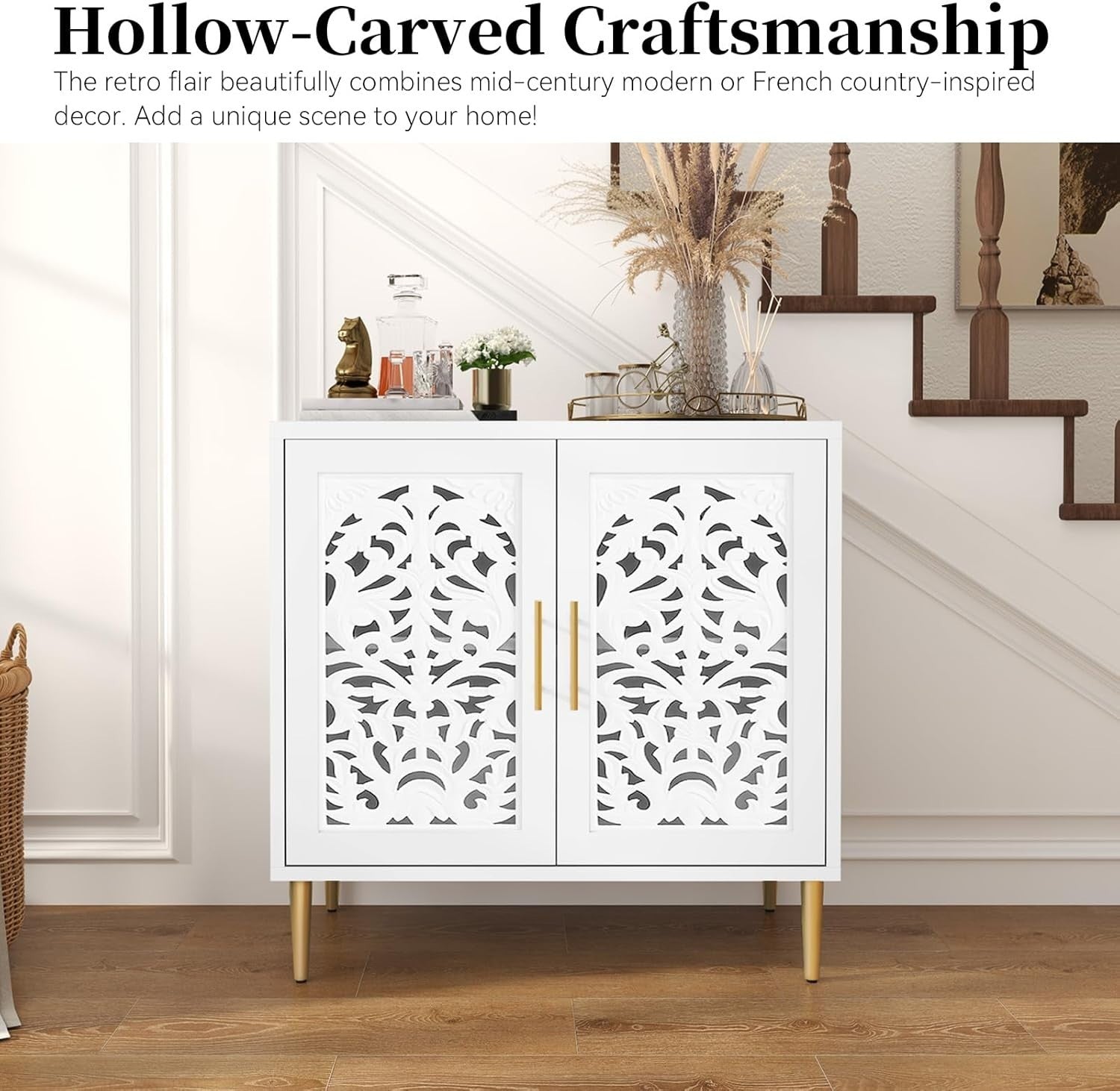 White Vintage Sideboard Cabinet 2 Door Carved Storage Unit Hallway Accent