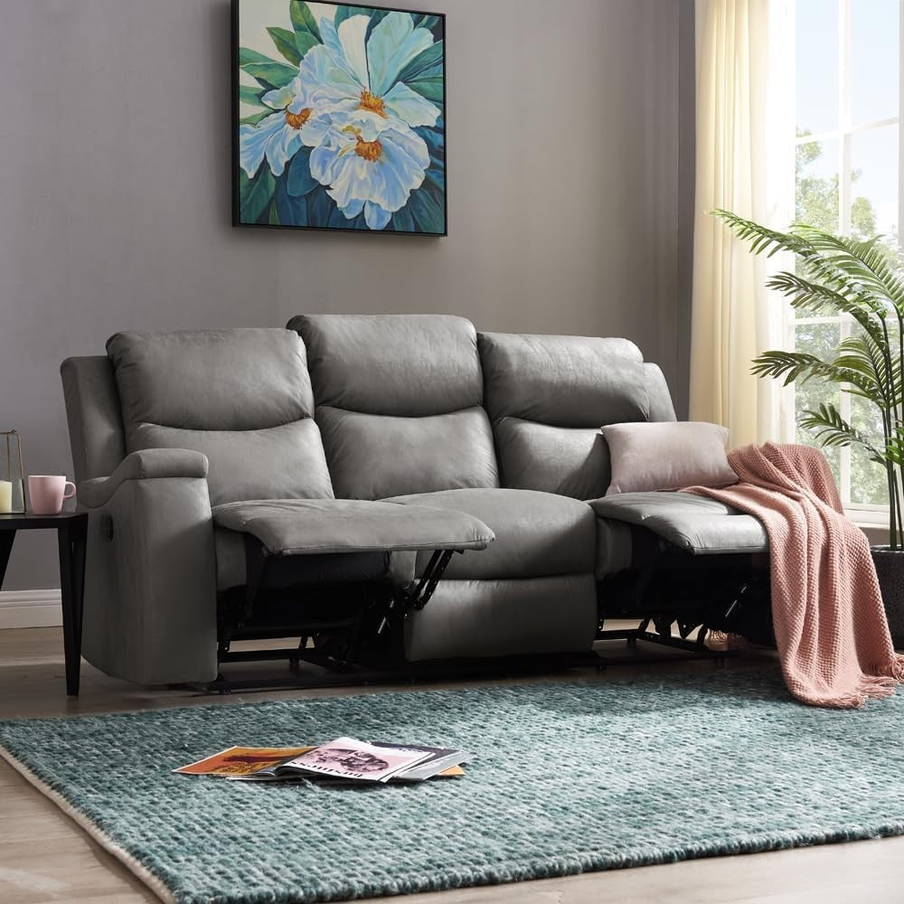 Grey Recliner Sofa 3 Seater Faux Leather Manual Lounge Chair w/ Cup Holders