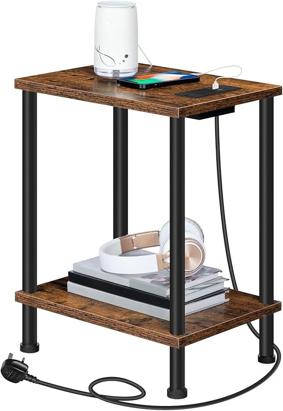 Narrow Bedside Table with Charging Station & Shelves, Rustic Small Side Table