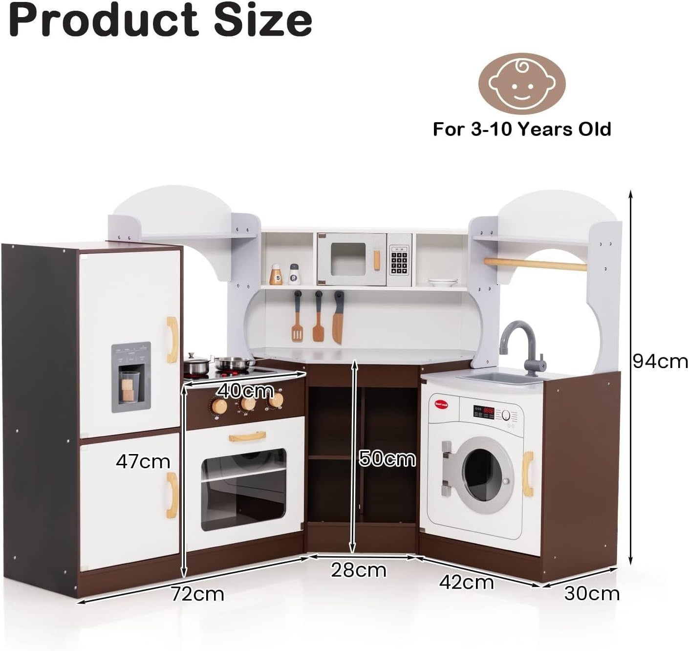 Kids Wooden Play Kitchen Light Sound Ice Dispenser Cooking Toy Brown