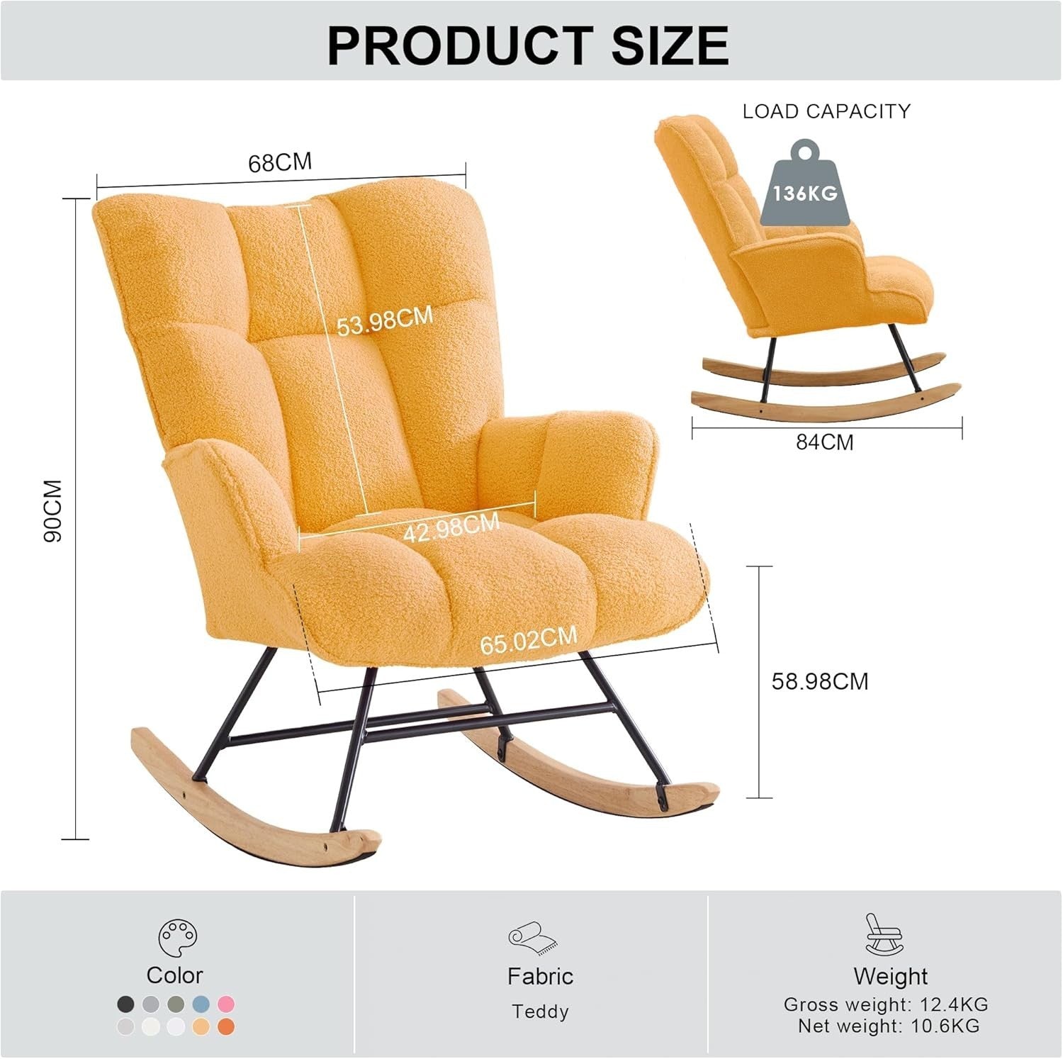 Rocking Chair Nursery Glider Comfy Armchair High Back Padded Seat Yellow Teddy