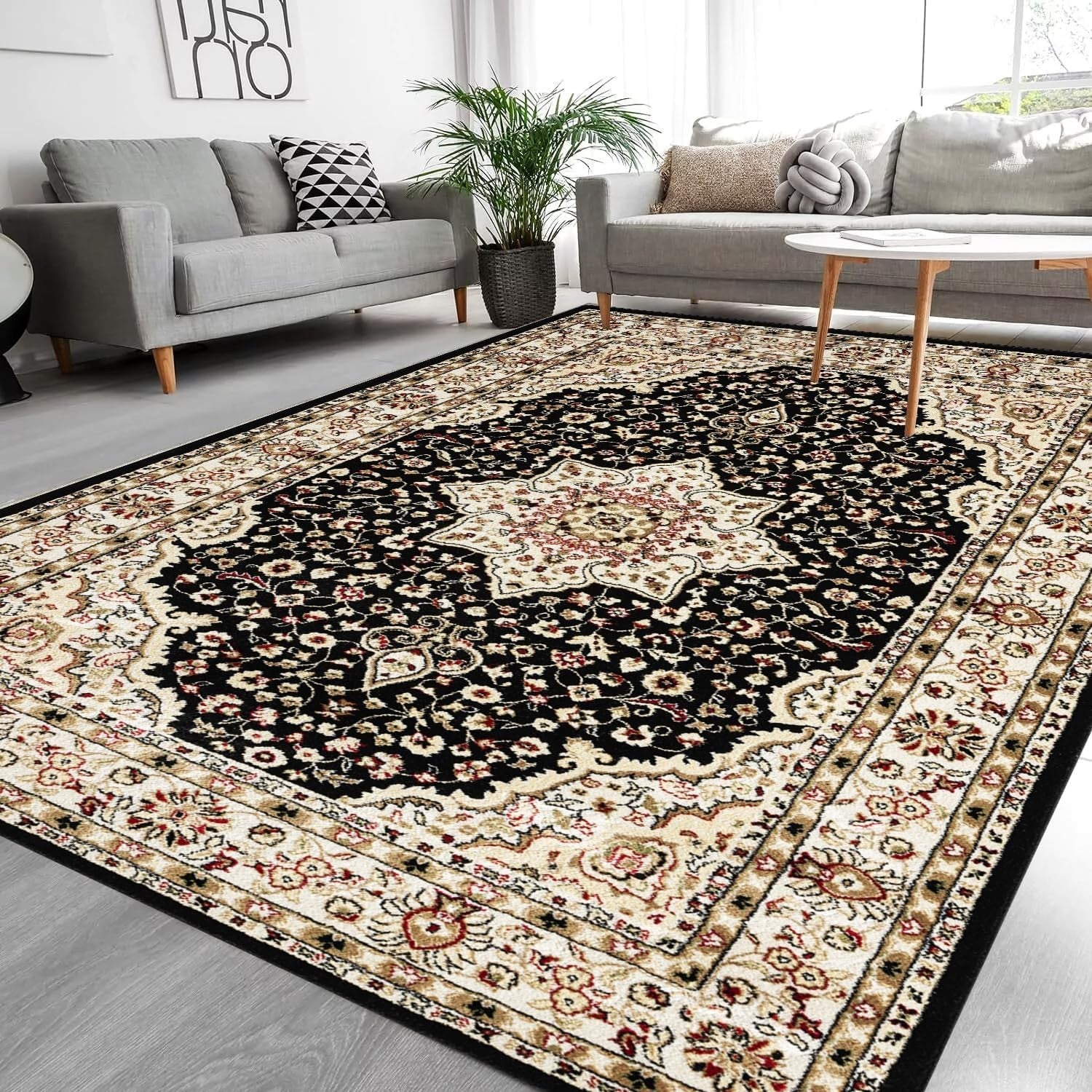 Black Traditional Rug 120x170cm Soft Floral Non Slip Living Room Carpet