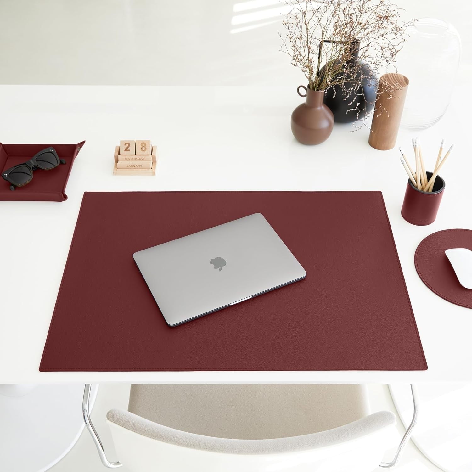 Leather Valet Tray Burgundy Red – Desk Organiser for Keys, Coins & Jewellery