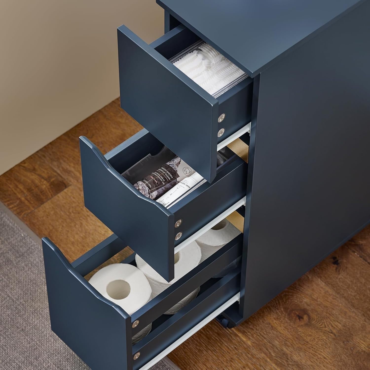 Slim 3-Drawer Bathroom Storage Cabinet with Side Compartment & Wheels
