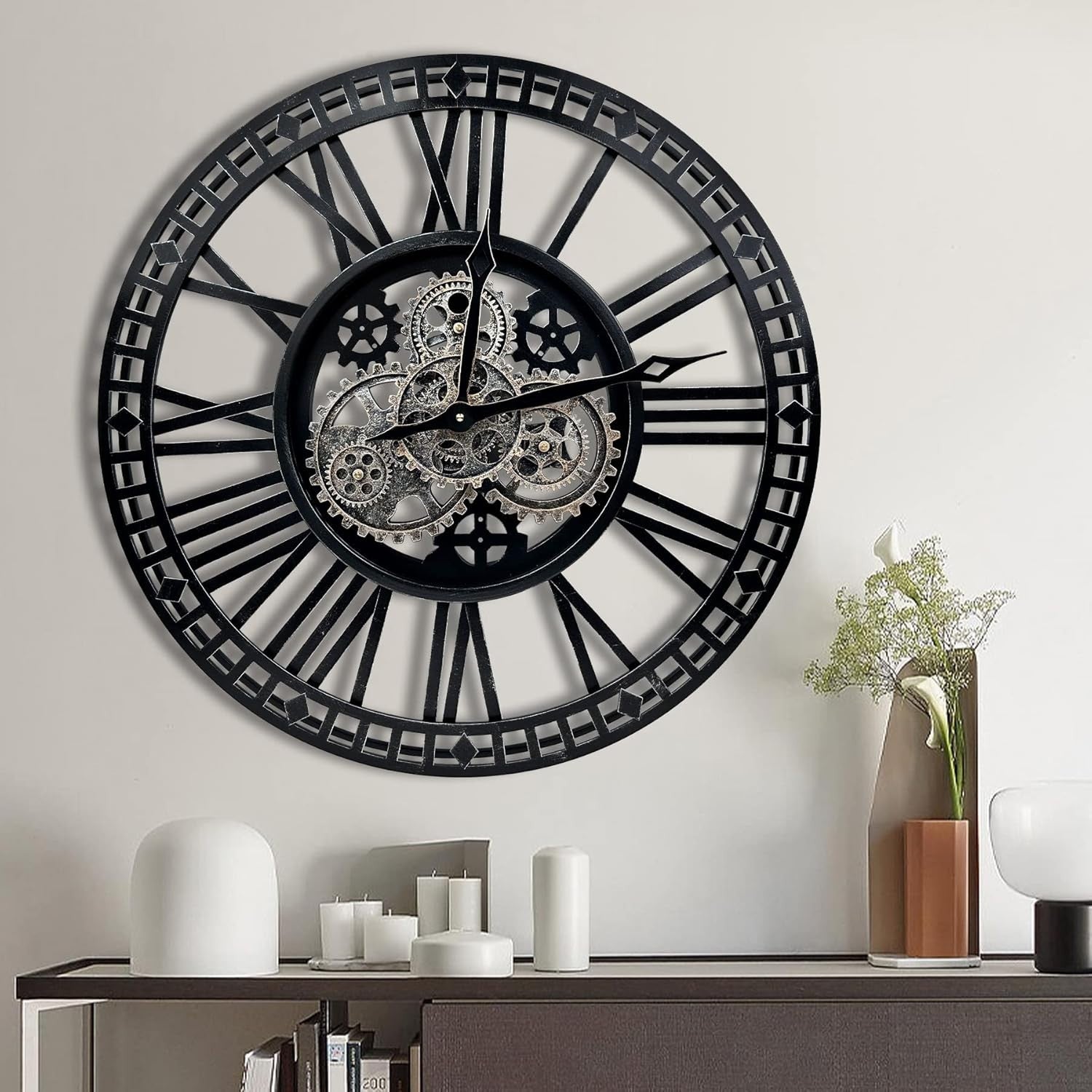 Oversized Industrial Steampunk Wall Clock 24" Silent Moving Gears Decor