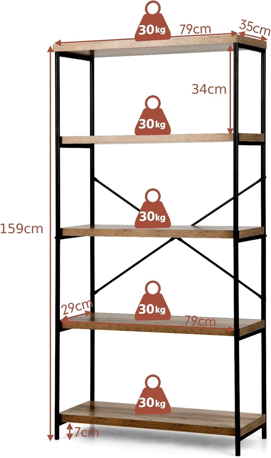 5-Tier Industrial Bookshelf Heavy-Duty Metal Frame Rustic Storage Display Rack