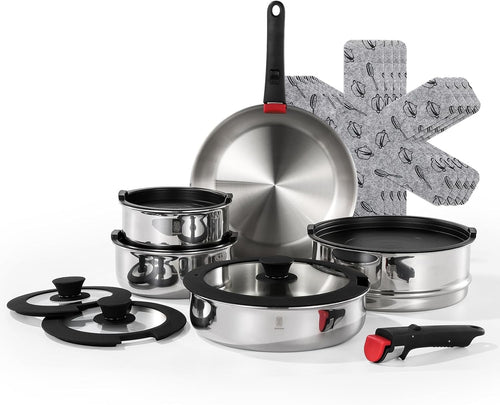 16Pcs Stainless Steel Stackable Cookware Set with Detachable Handles