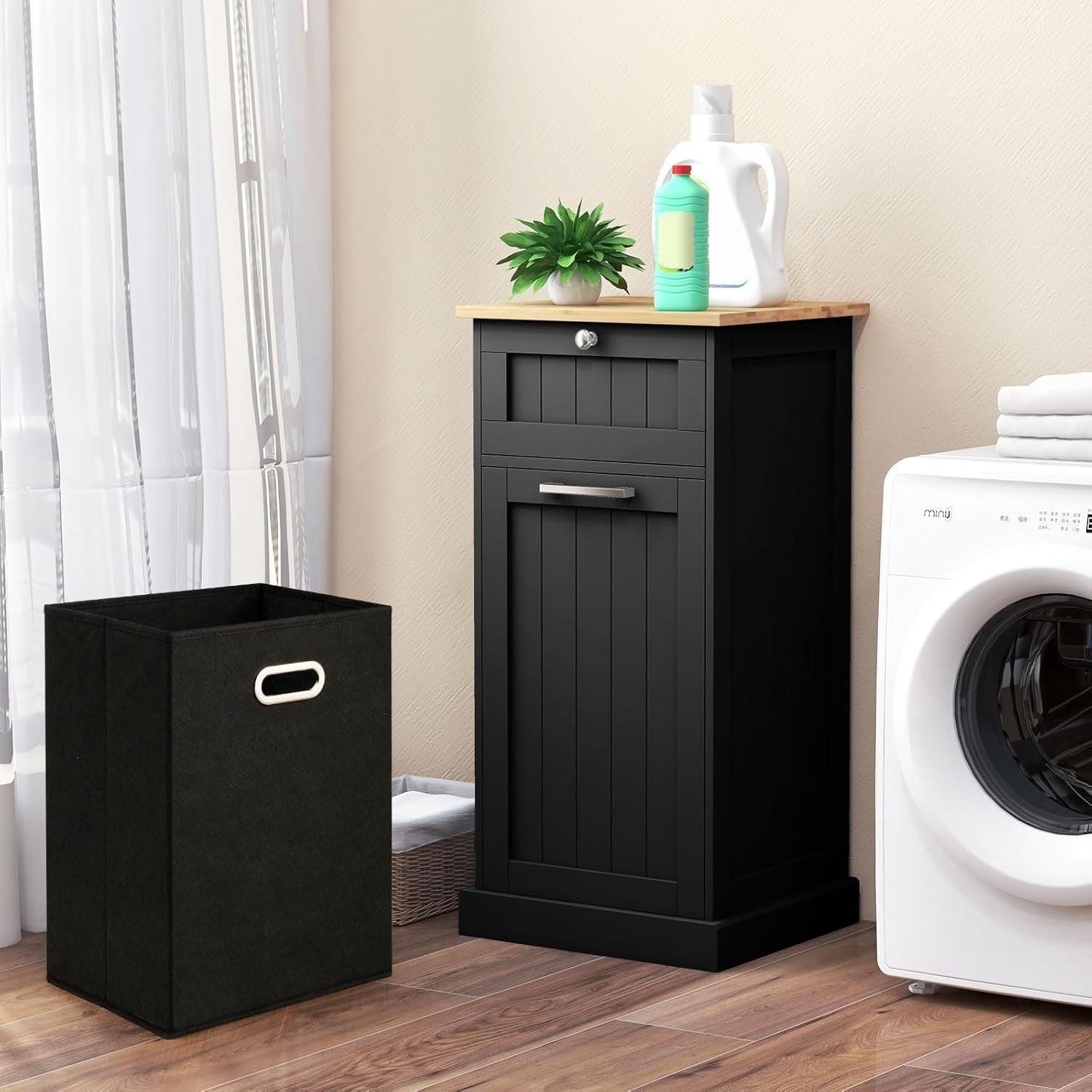 30L Black Tilt-Out Laundry Cabinet With Drawer Bamboo Top Modern Storage