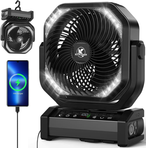 Black Camping Fan – Quiet 20000mAh Rechargeable LED Light w/ Remote & 9 Speeds