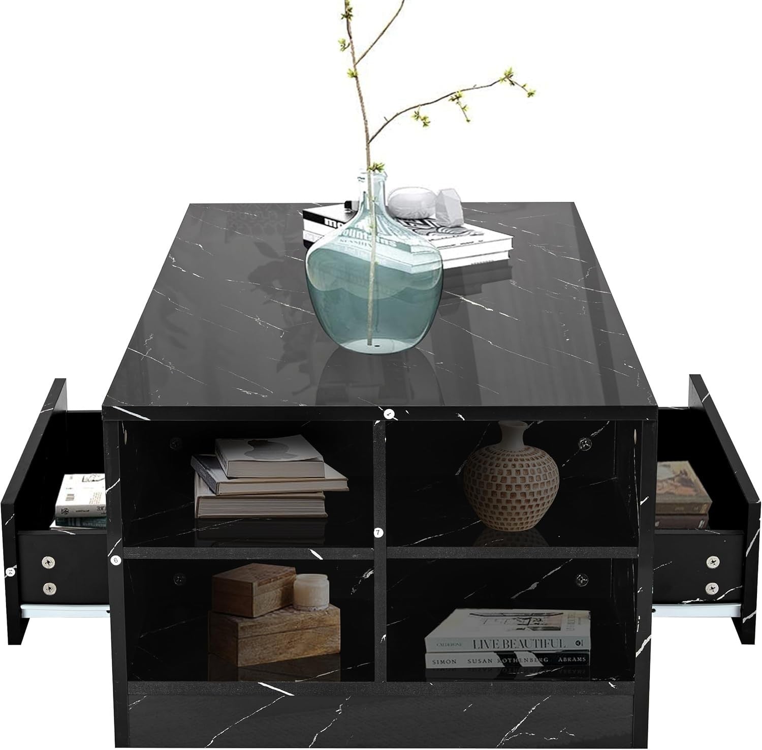 Black Marble High Gloss Coffee Table with LED RGB Lights & Storage 95x55x37cm