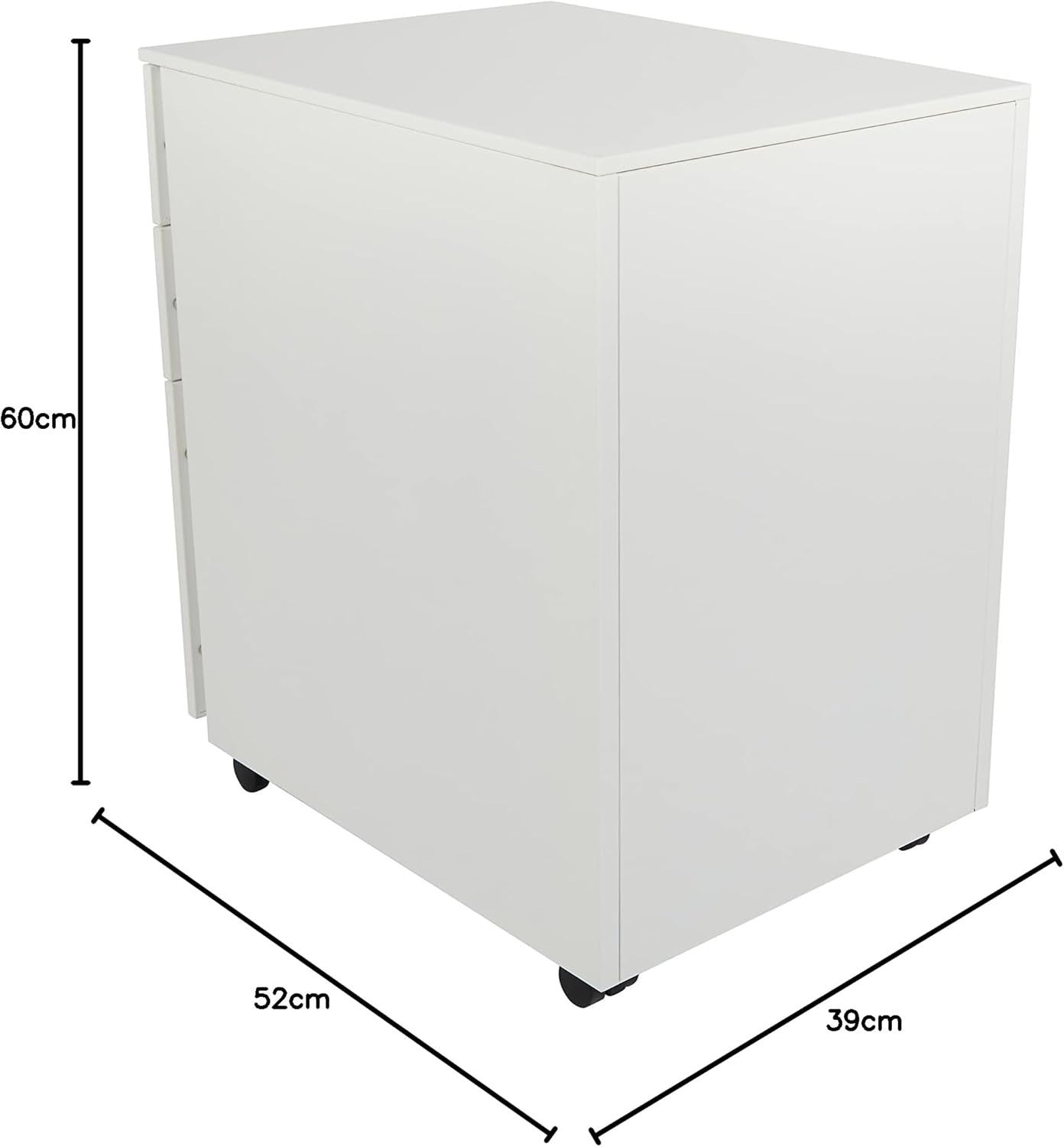 White Wide Under Desk Filing Cabinet 3 Drawer Lockable 60cm