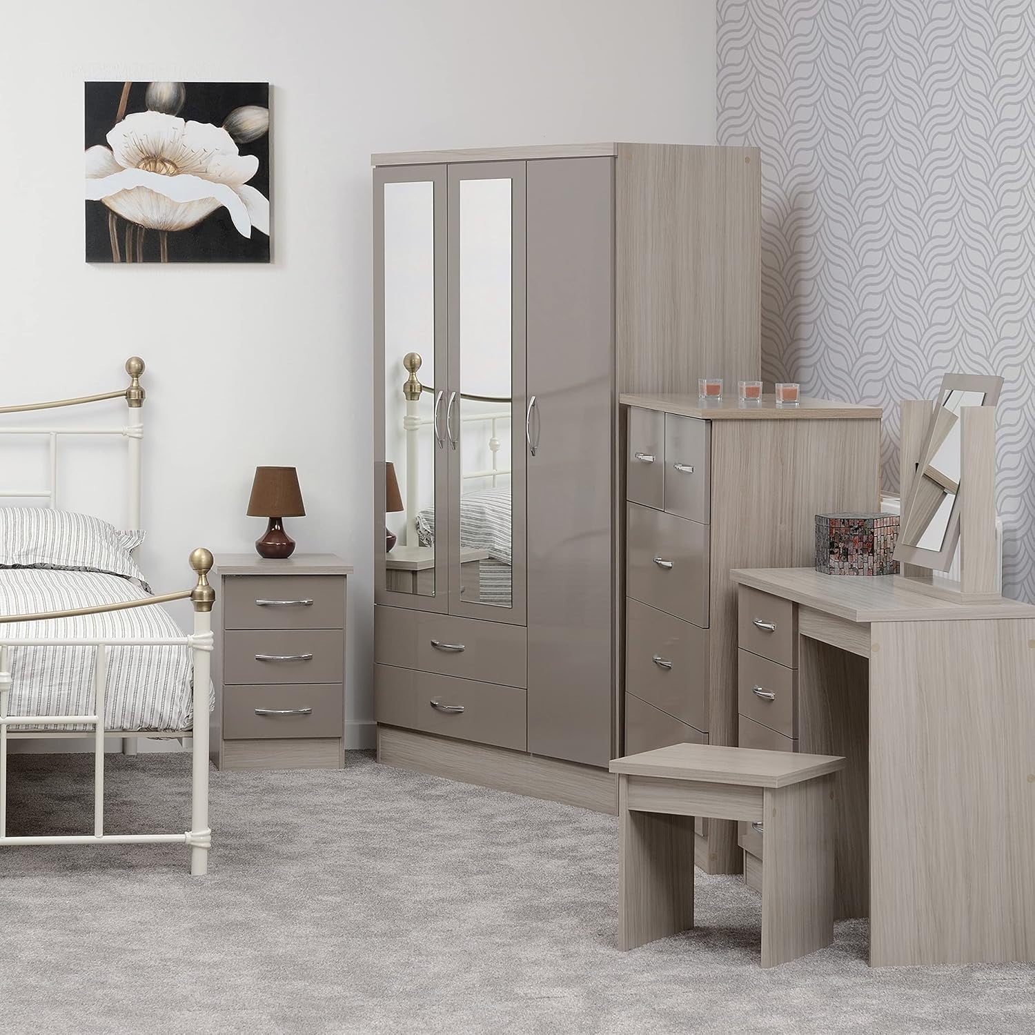 Modern Dressing Table Set Glass Top 4 Drawer Stool Mirror Light Oak Veneer
