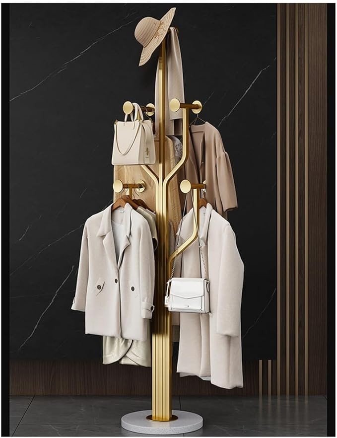 Modern Gold Metal Coat Rack Stand | Freestanding Marble Base Hall Tree 175cm