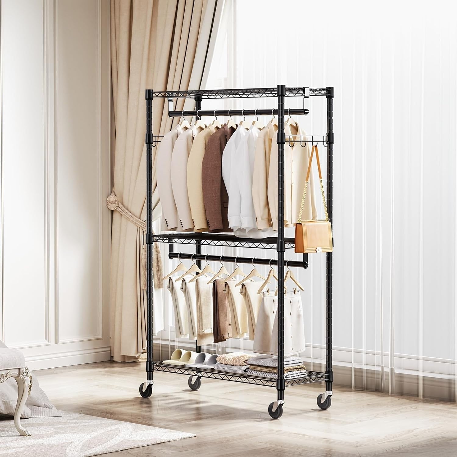 Heavy Duty Black Garment Rack – 3 Tier, 2 Rods, 189cm with Wheels