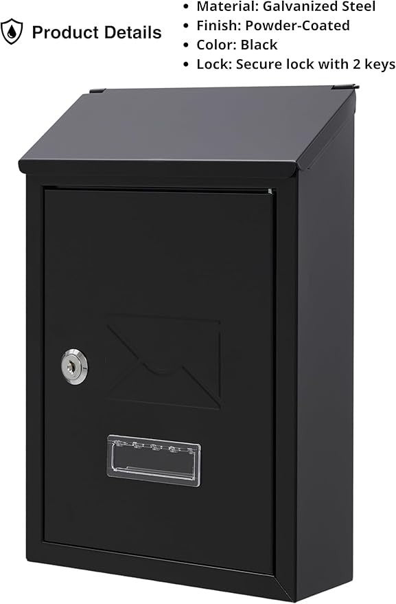 Lockable Wall Mounted Mailbox Black Steel Weatherproof Post Box A5 Slot