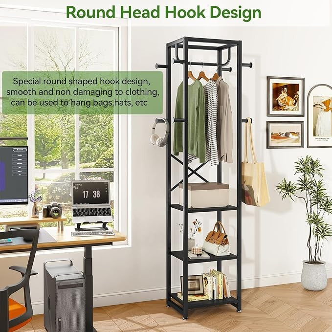 Black Industrial Coat Rack with Shelves & Hooks Freestanding Hall Stand