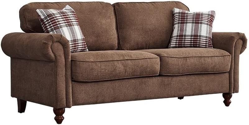 Brown 2 Seater Linen Sofa Couch Retro Style Small Space Living Room Settee