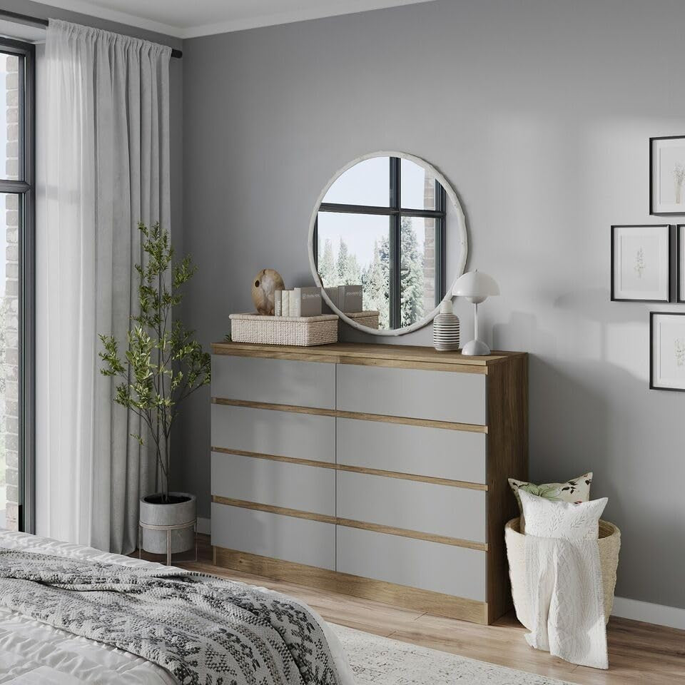 Modern Oak Grey 8 Drawer Chest Storage Cabinet Dresser for Bedroom