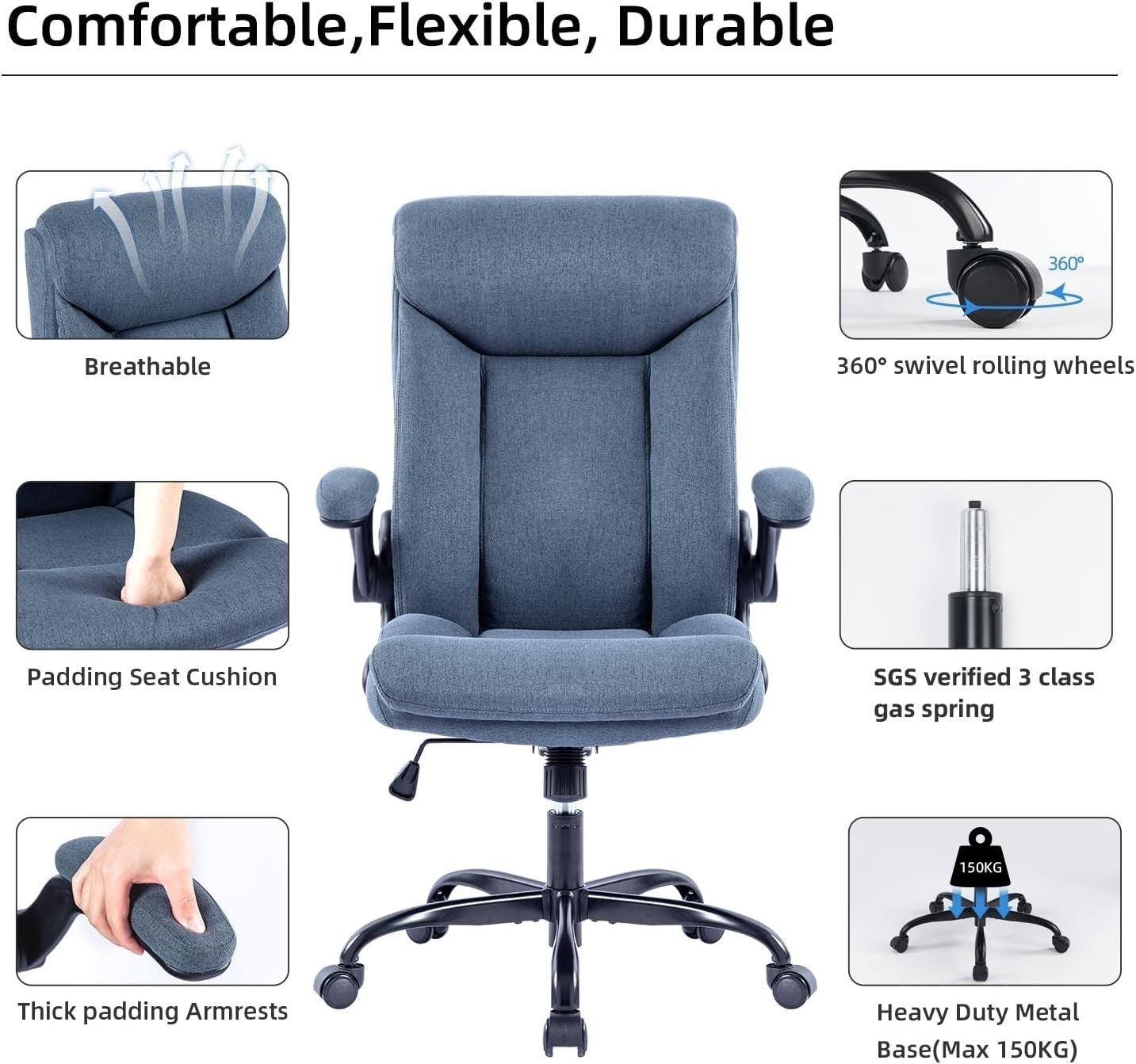 Ergonomic Office Chair High Back Swivel Desk Chair Flip-Up Arms 150kg Max Blue