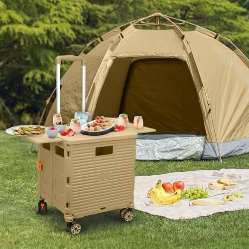 Heavy Duty Folding Shopping Cart 55kg Trolley 360° Wheels Foldable Khaki