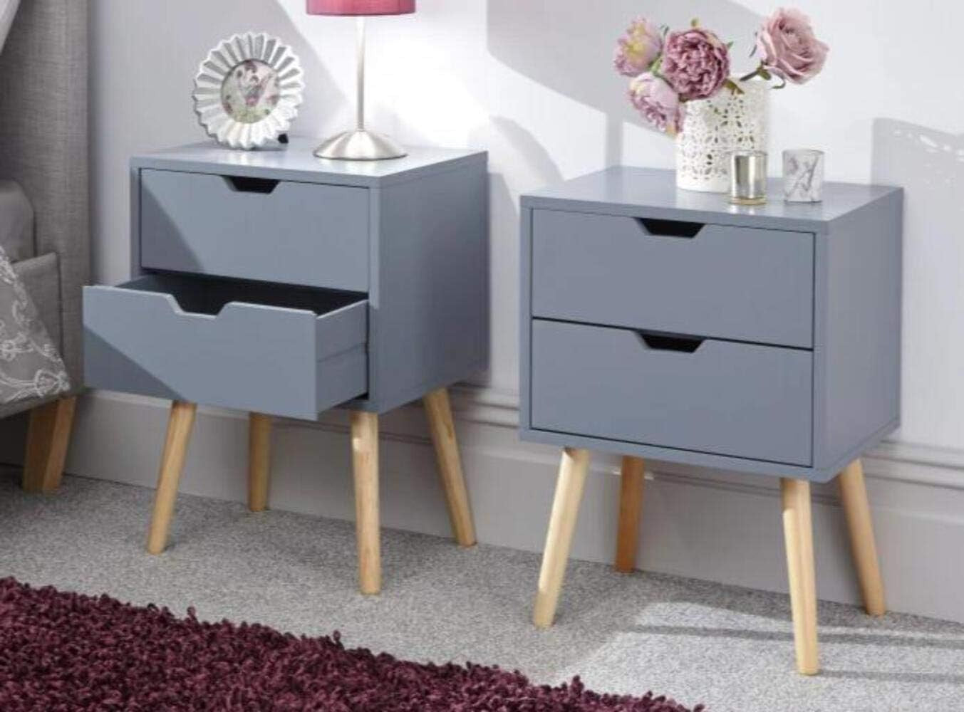 Set of 2 Modern Dark Grey Bedside Tables with 2 Drawers & Wooden Legs