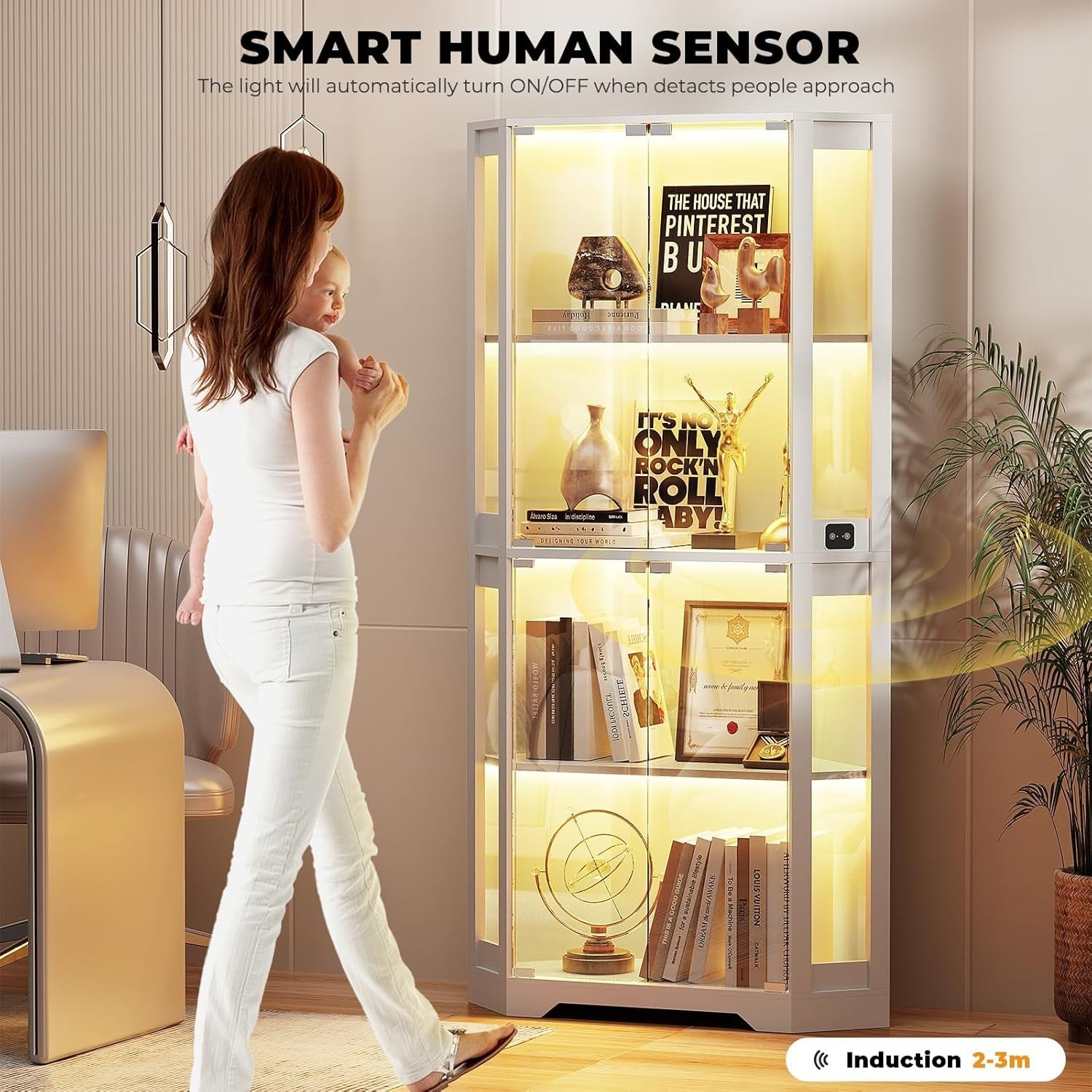 Corner Glass Display Cabinet with LED Lights, Sensor, Lock, 85x36x165cm