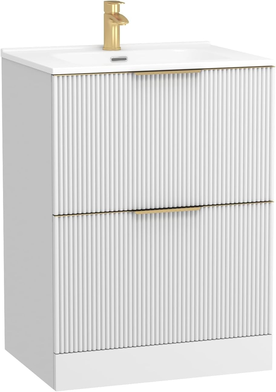 White 600mm Fluted Bathroom Vanity Unit with Basin & Brass Handles Modern