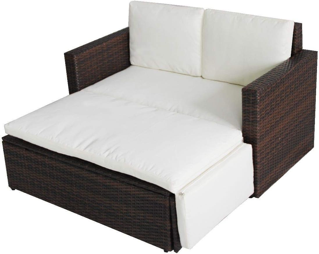 Brown 2-Seater Rattan Outdoor Lovebed with Cushions & Adjustable Footstool
