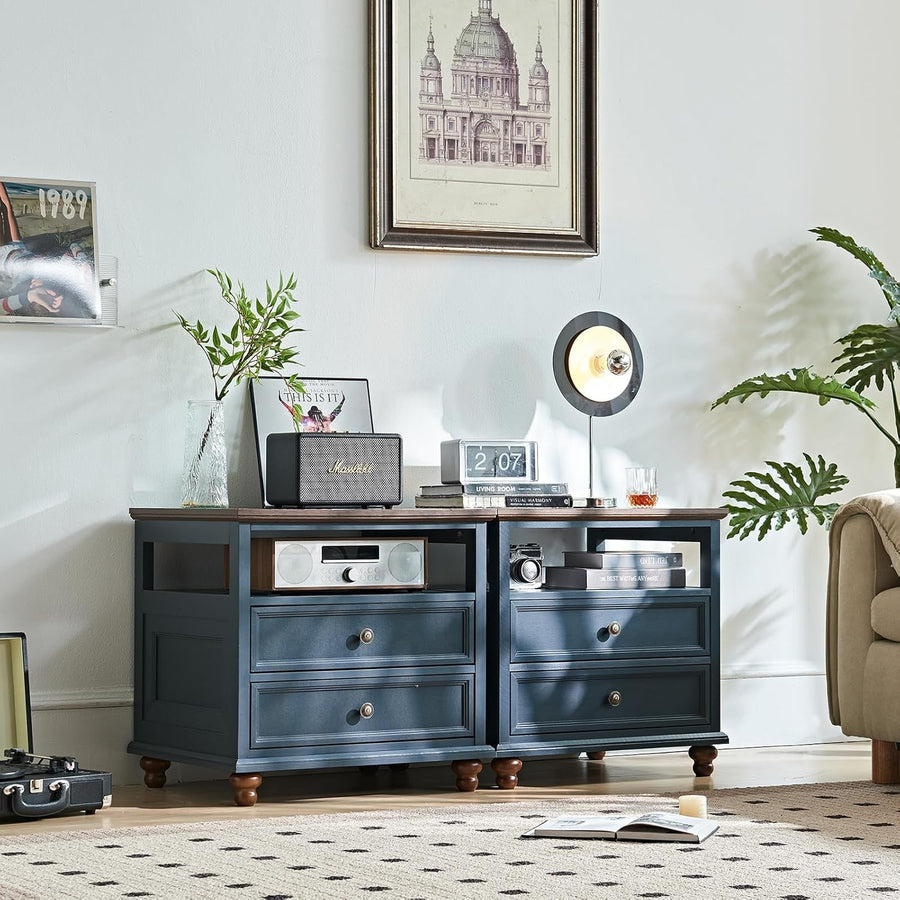 Blue Wooden Bedside Table with Drawers & Open Shelf