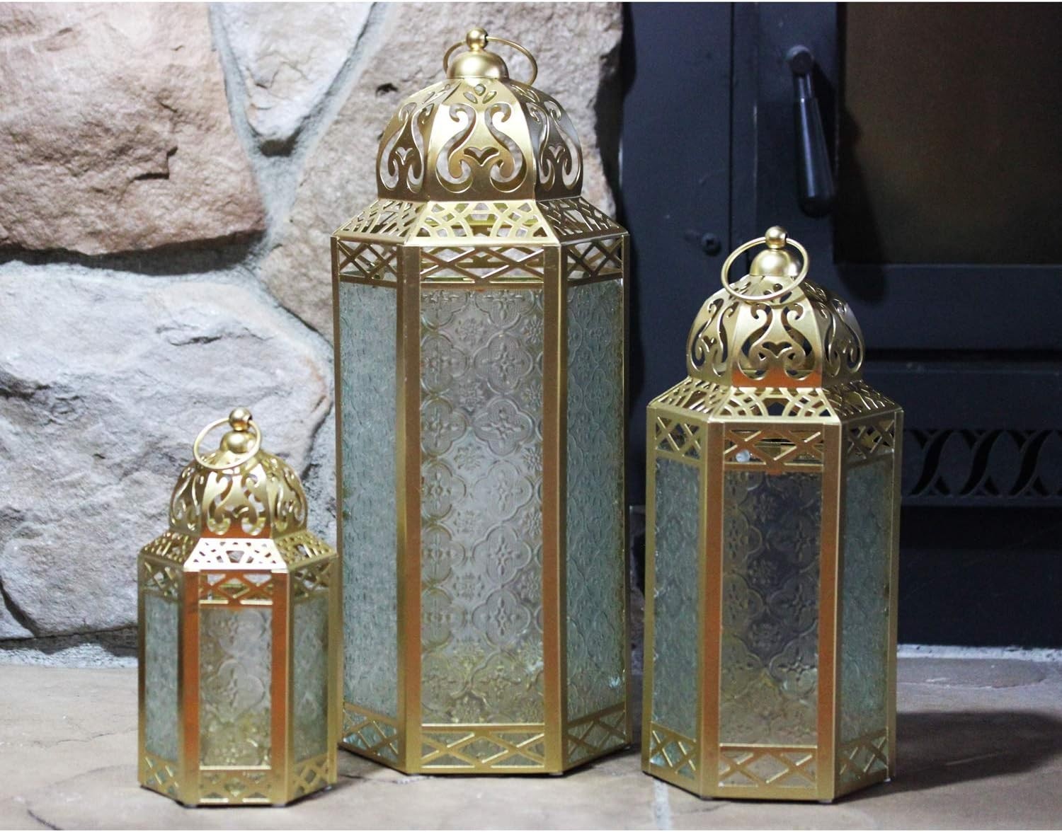 Set of 3 Gold Moroccan Candle Lanterns Home Decor