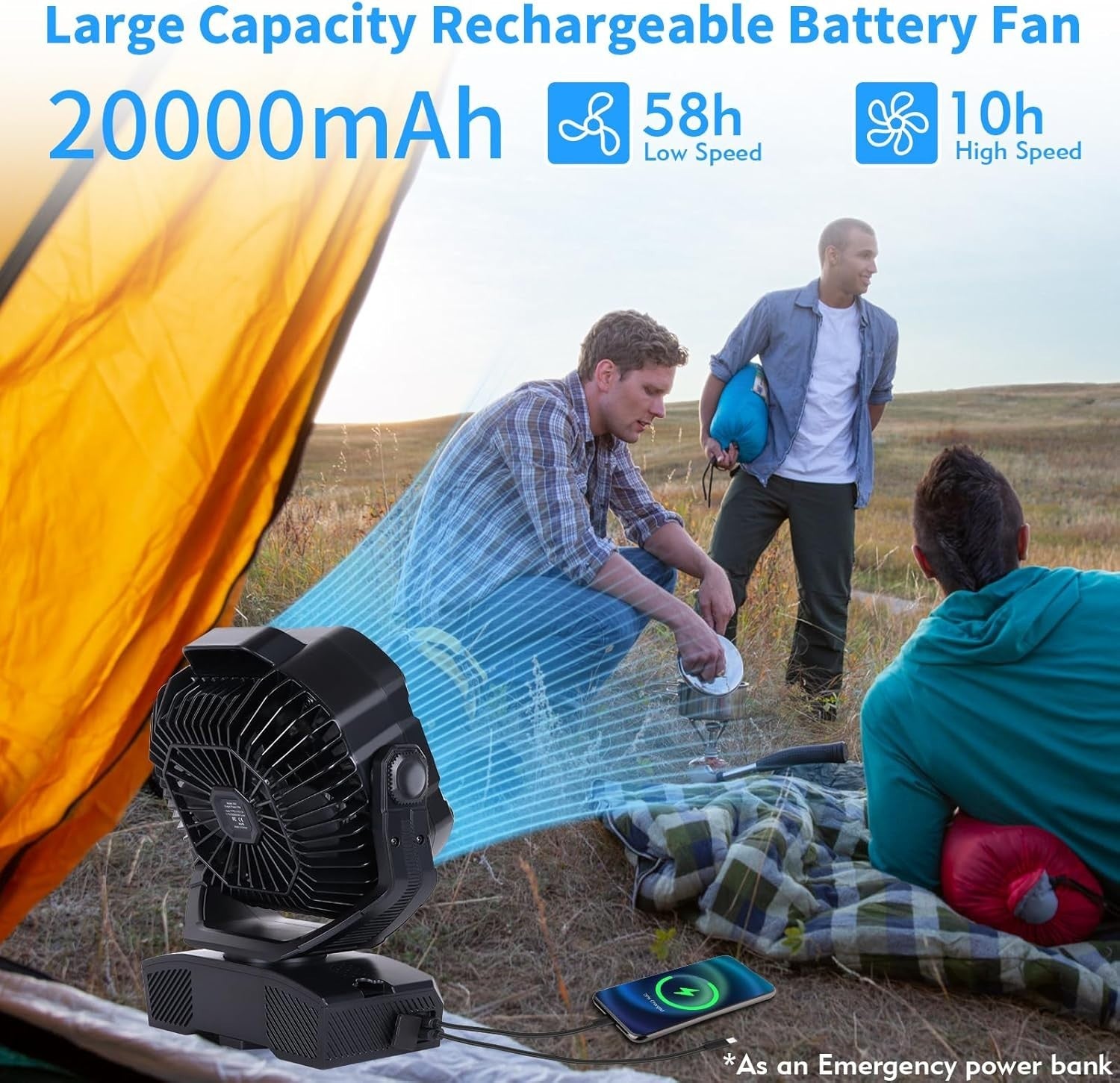 Camping Fan 20000mAh Rechargeable – Portable LED Light Desk Fan w/ Remote Black