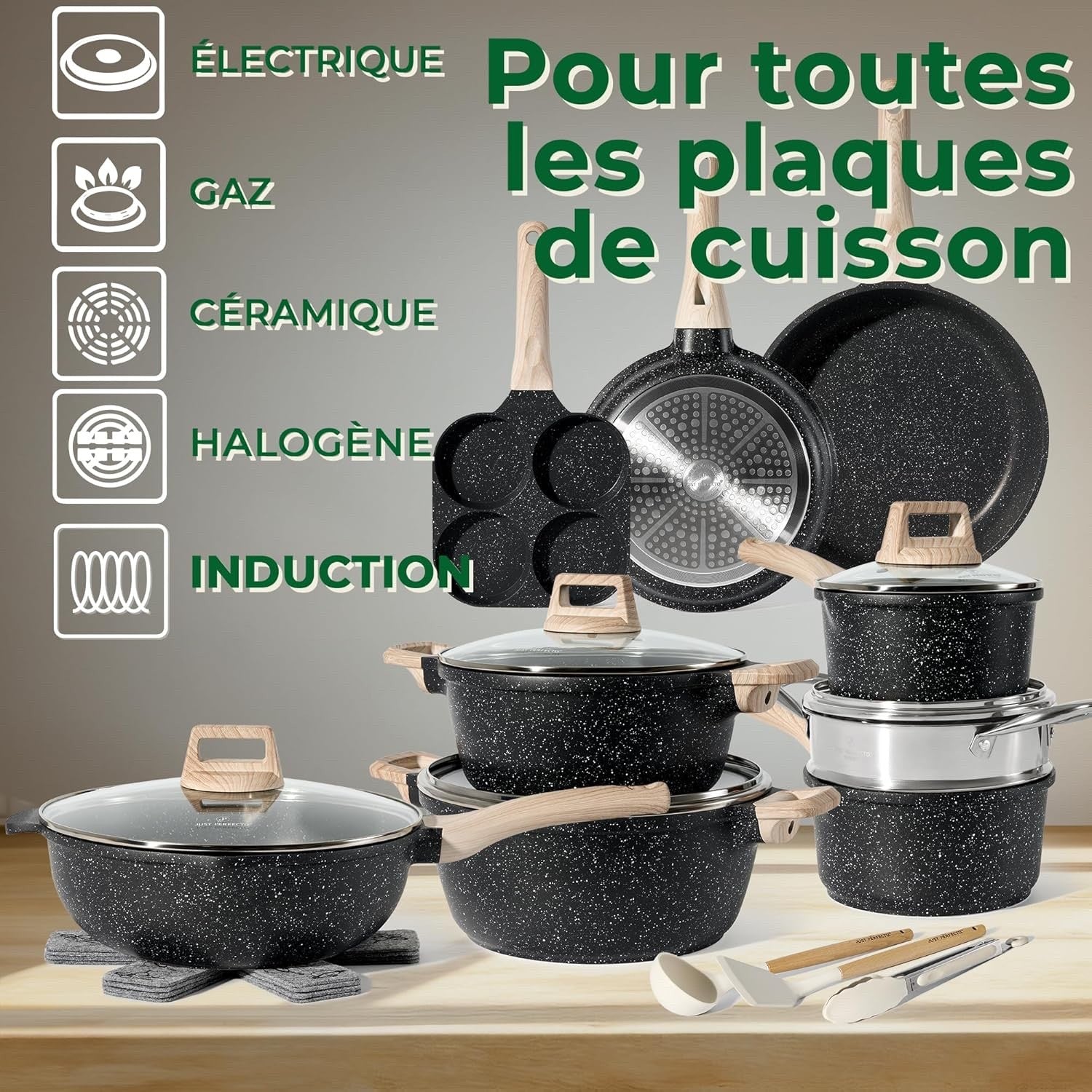 21Pcs Black Non-Stick Granite Cookware Set Induction Ready Pots & Pans