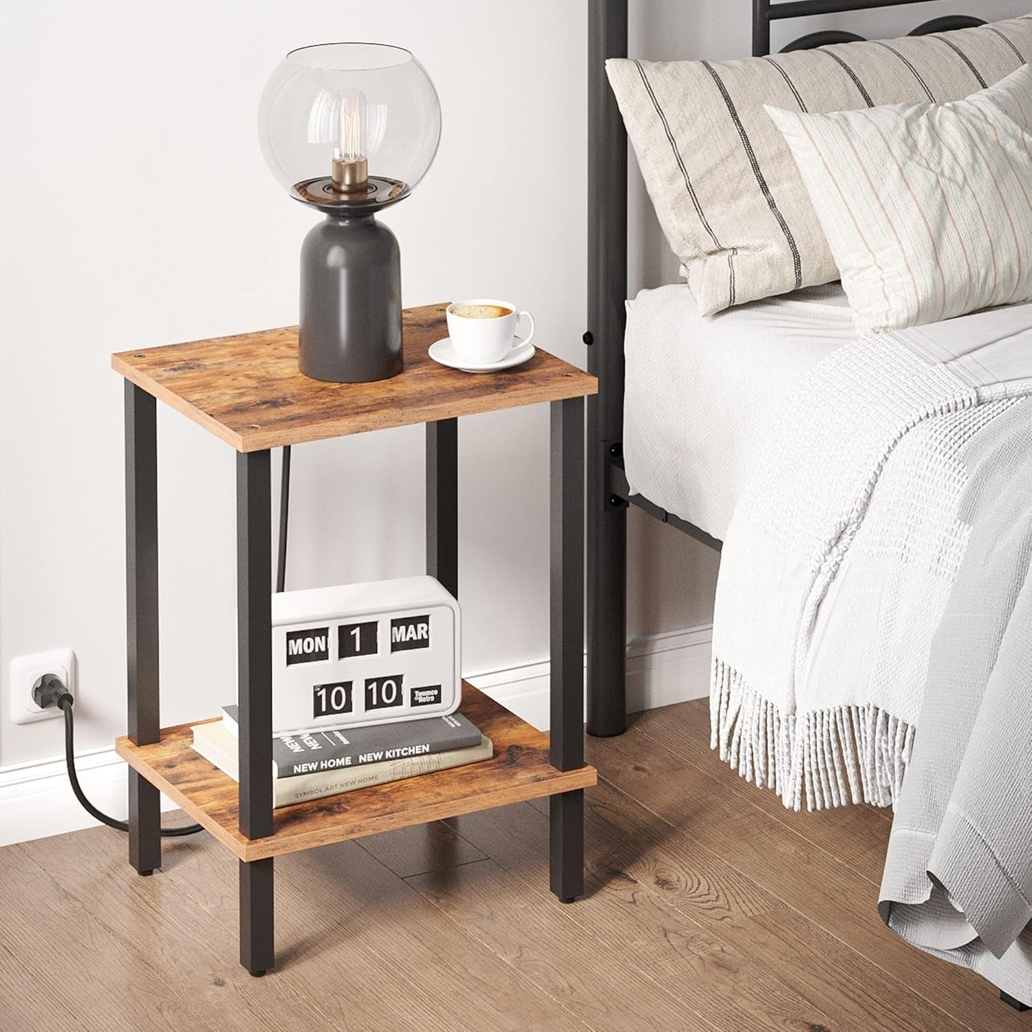 2 Tier Bedside Table with Storage Shelf Small Side Nightstand 30x40x55cm