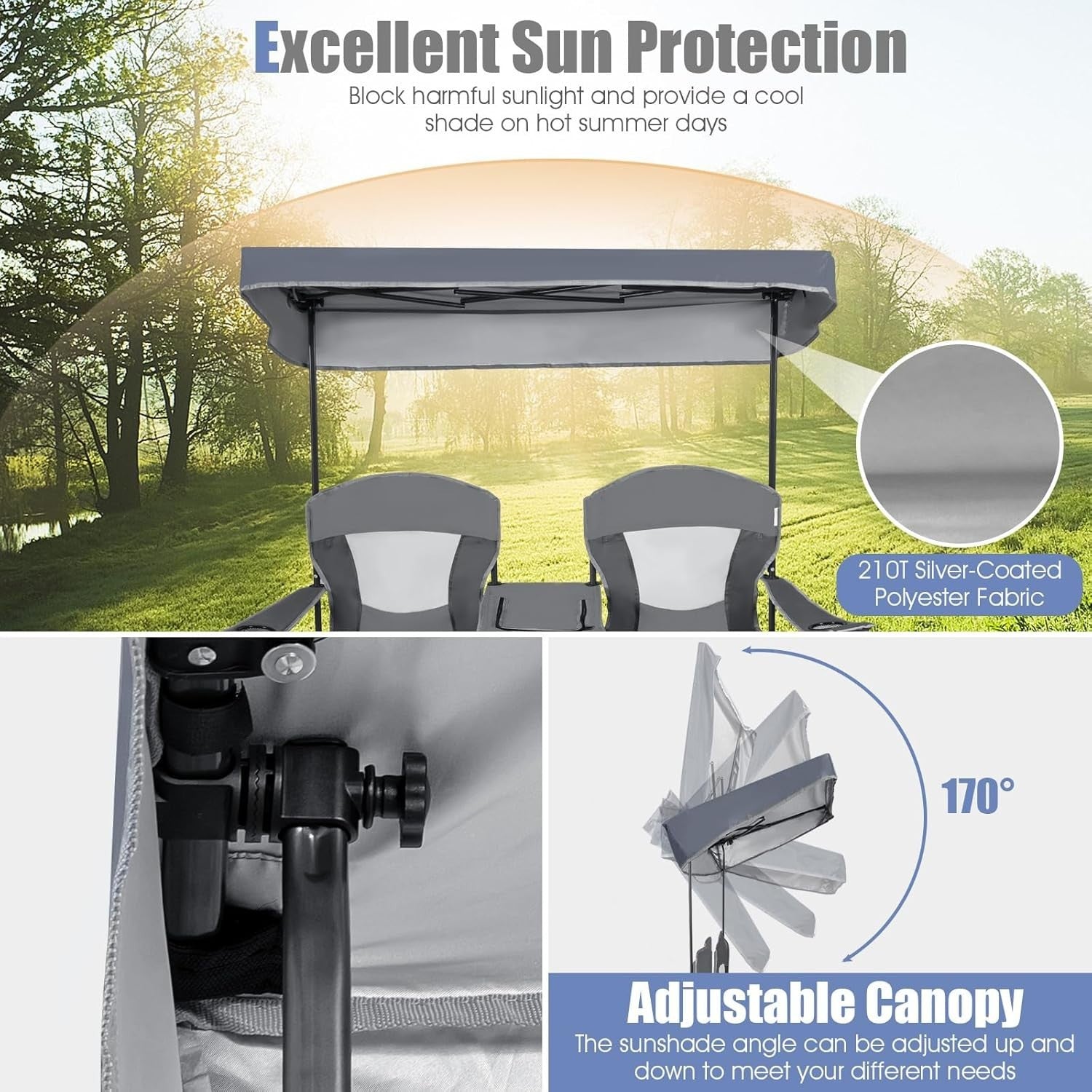 Grey 2 Seat Folding Camping Chair w/ Canopy, Cooler Bag, Cup Holders, Case